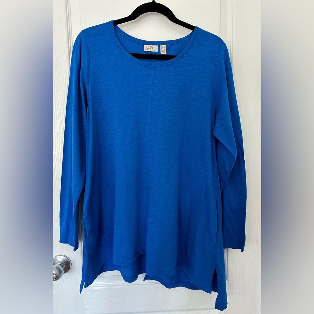 LOGO Lori Goldstein Size Large Asymmetrical Hem Tunic Top Long Sleeve Pockets